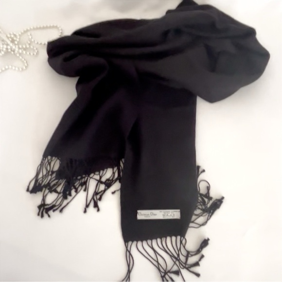 DIOR Paris Black Fringe Silk and Cashmere Pashmina Scarf Shawl Unisex - Picture 1 of 11